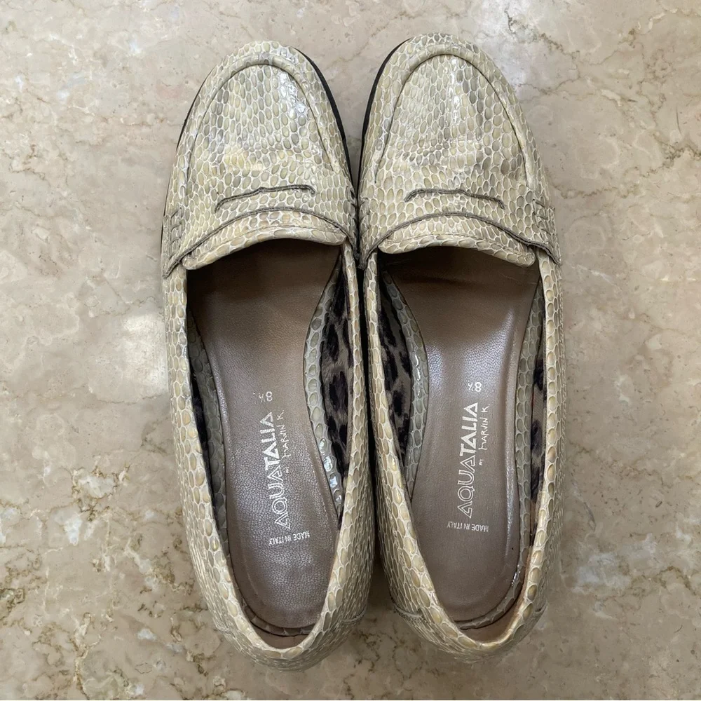 Aquatalia Snakeskin Slip On Penny Loafer Flats, Size 8.5